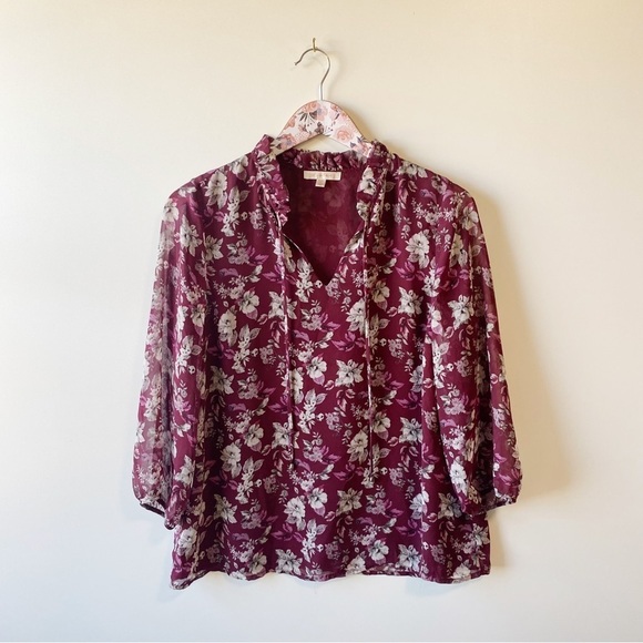 SKIES ARE BLUE Burgundy Floral Blouse! Medium - Picture 1 of 7